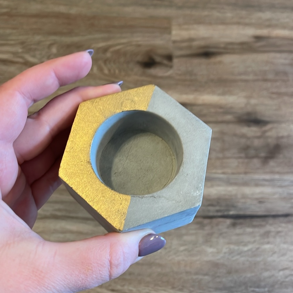 Concrete Grey Geometric Hexagon Candle Holder or Succulent Dish with Gold Detail - Picture 2 of 7